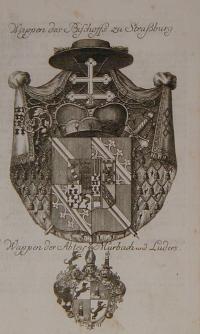 Wappen des Bischoffs zu Strasburg, Wappen der Abtey Murbach und Luders